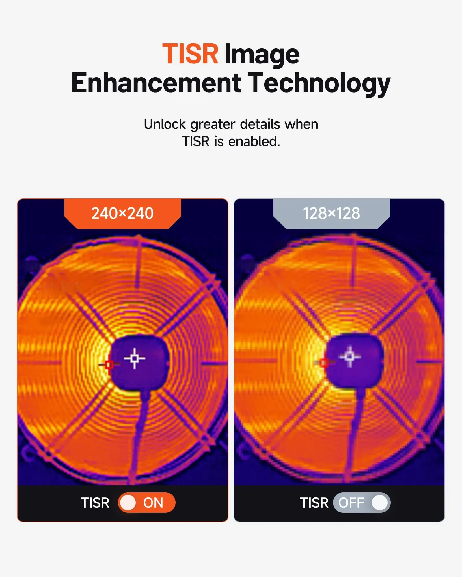 Comparison graphic showing TISR image enhancement technology with side-by-side thermal images labeled 240×240 and 128×128, both showing a circular hot object in orange and purple thermal colours.